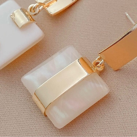 Gold and White Geometric Modern Earrings - Picture 4 of 4